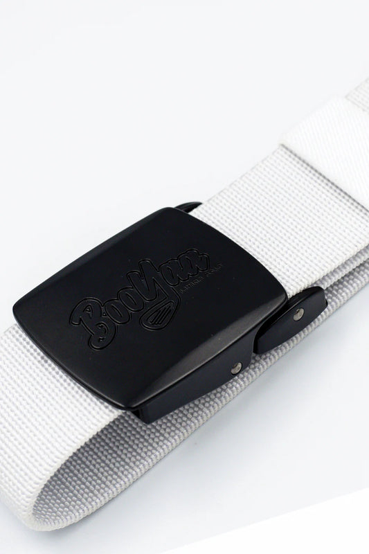 BOOYAA BELT - ADJUSTABLE WHITE STRETCH WITH BLACK ALLOY BUCKLE